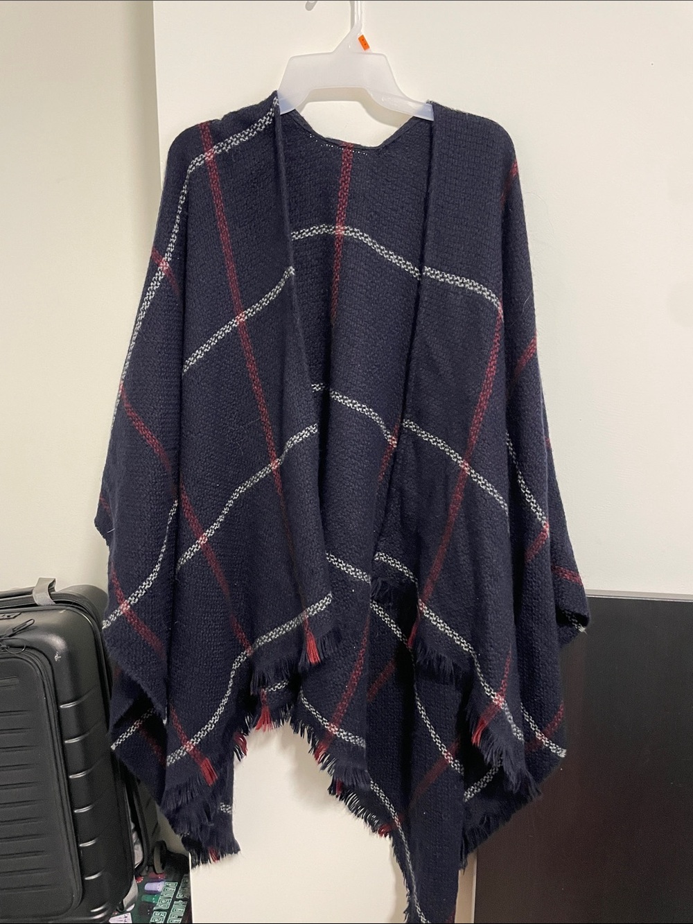 33 Cozy Navy Plaid Fringe Poncho Sweater